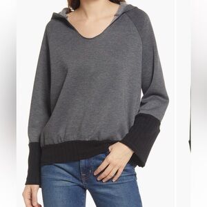 Treasure & Bond | (L) Rib Hoodie - Gray and Black V-Neck Sweatshirt